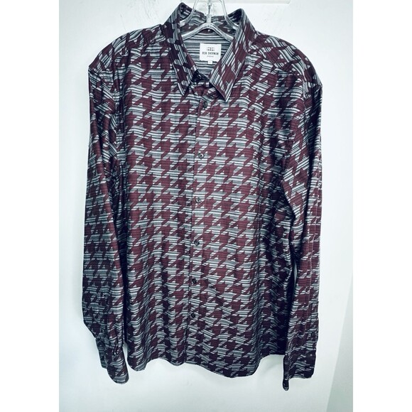 Ben Sherman Mens Stretch Paisley Button-Up Shirt Size XL Black Maroon LS Classic - Picture 3 of 8